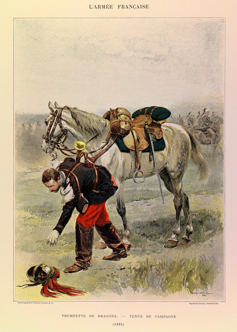 Typy a uniformy francouzské armády kapitána Julese Richarda, ilustrované Edouardem Detaillem (1848-1912): Trumpet of Dragons in Country Dress in 1885, Private Collection od Jean Baptiste Edouard Detaille