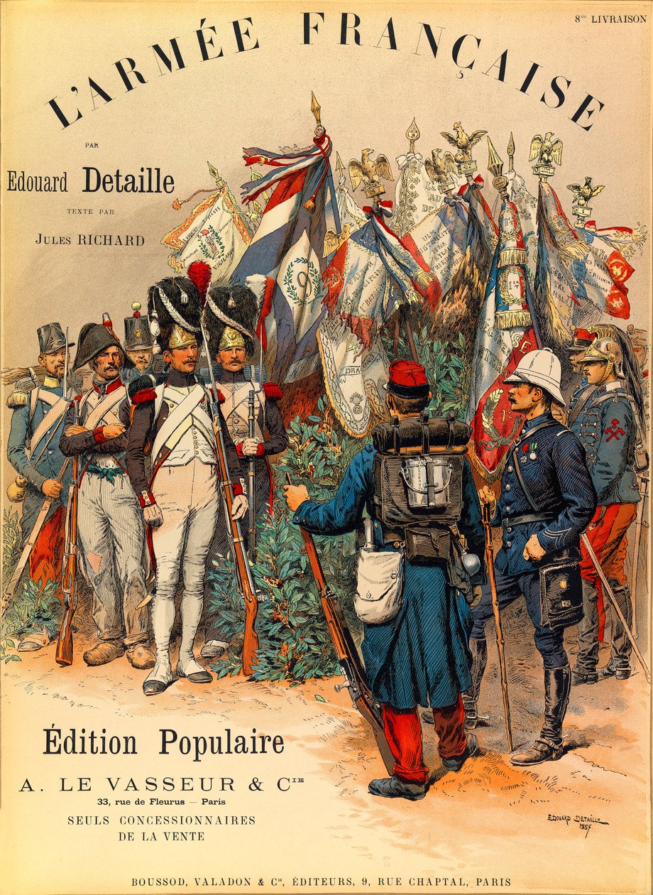 Typy a uniformy francouzské armády od kapitána Julese Richarda, ilustrované Edouardem Detaillem (1848-1912): První obálka knihy „“ L