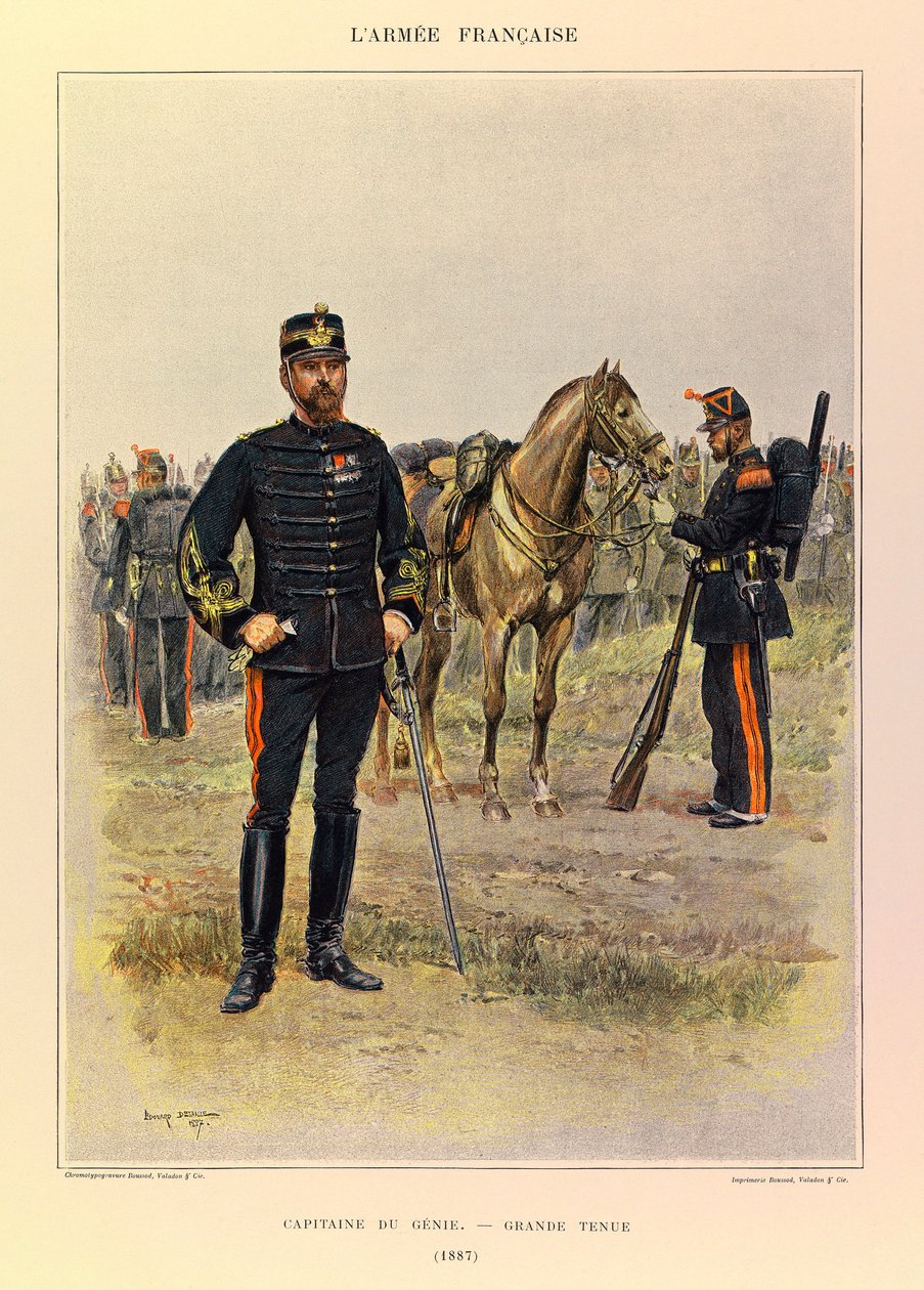 Typy a uniformy francouzské armády kapitána Julese Richarda, ilustrované Edouardem Detaillem (1848-1912): Kapitán džina ve skvělém oblečení v roce 1887, soukromá sbírka od Jean Baptiste Edouard Detaille