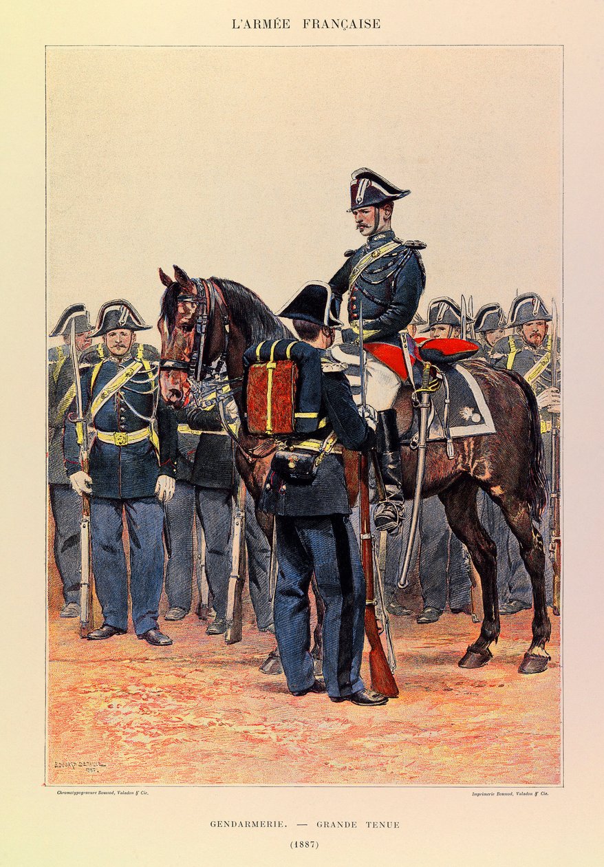 Typy a uniformy francouzské armády kapitána Julese Richarda, ilustrované Edouardem Detaillem (1848-1912): Gendarmerie en grande attire en 1887, Collection Partiale od Jean Baptiste Edouard Detaille