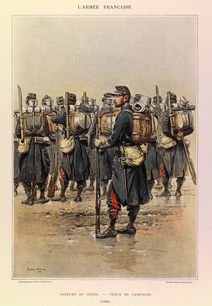 Typy a uniformy francouzské armády kapitána Julese Richarda, ilustrované Edouardem Detaillem (1848-1912): Sapper of the Genie in Country Dress in 1886, Private Collection od Jean Baptiste Edouard Detaille