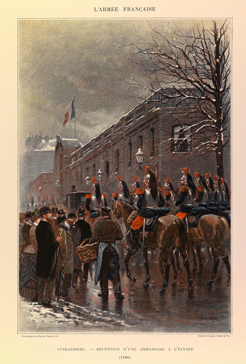 Typy a uniformy francouzské armády kapitána Julese Richarda, ilustrované Edouardem Detaillem (1848-1912): Kyrysníci: Reception of an Embassy at Elysee in 1886, Private Collection od Jean Baptiste Edouard Detaille