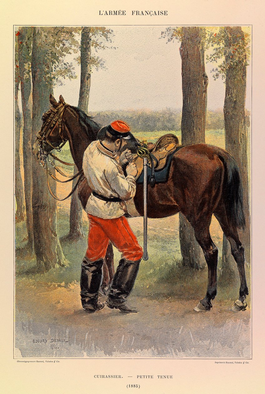 Typy a uniformy francouzské armády kapitána Julese Richarda, ilustrované Edouardem Detaillem (1848-1912): Kyrysník v malých šatech v roce 1885, soukromá sbírka od Jean Baptiste Edouard Detaille
