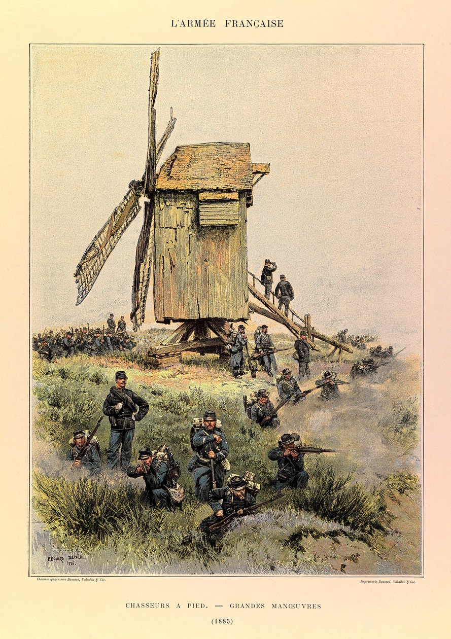 Typy a uniformy francouzské armády kapitána Julese Richarda, ilustrované Edouardem Detaillem (1848-1912): Lovci pěšky; velké manévry v roce 1885, Soukromá sbírka od Jean Baptiste Edouard Detaille