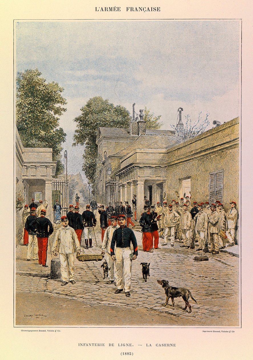Typy a uniformy francouzské armády kapitána Julese Richarda, ilustrované Edouardem Detaillem (1848-1912): Řádová pěchota: Kasárna v roce 1885, soukromá sbírka od Jean Baptiste Edouard Detaille