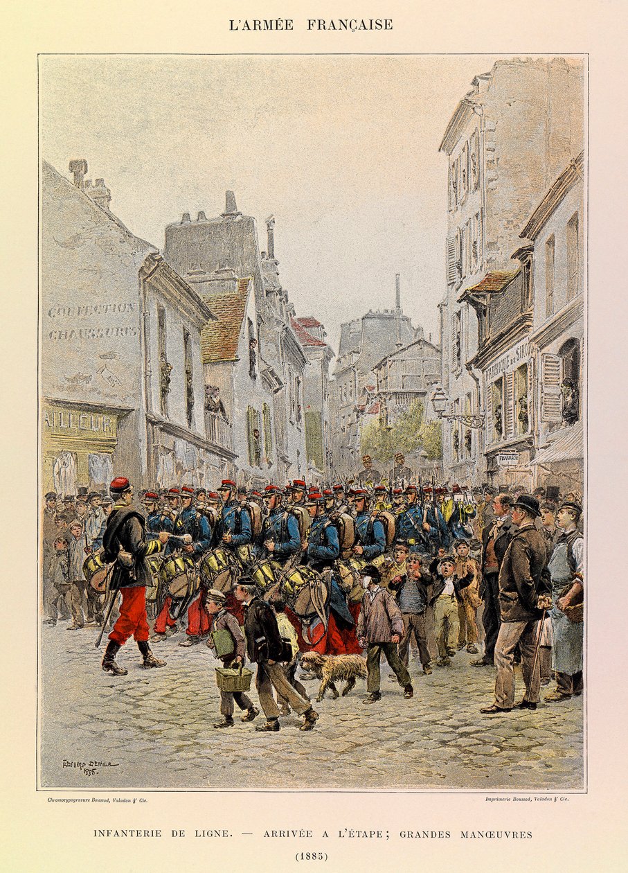 Typy a uniformy francouzské armády kapitána Julese Richarda, ilustrované Edouardem Detaillem (1848-1912): Řádová pěchota: Příjezd na jeviště během velkých manévrů v roce 1885, Soukromá sbírka od Jean Baptiste Edouard Detaille