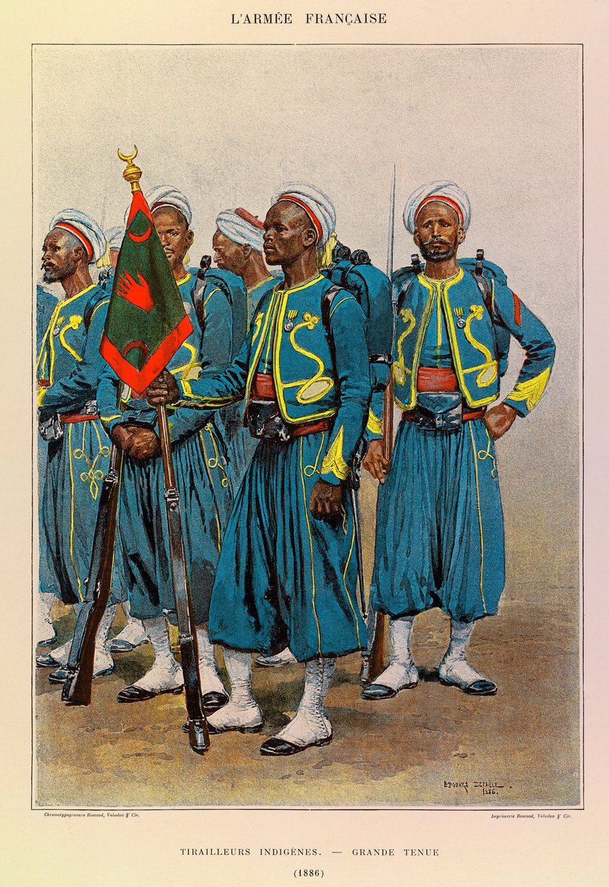 Typy a uniformy francouzské armády kapitána Julese Richarda, ilustrované Edouardem Detaillem (1848-1912): Native Tirailleurs in Great Outfit in 1886, Private Collection od Jean Baptiste Edouard Detaille