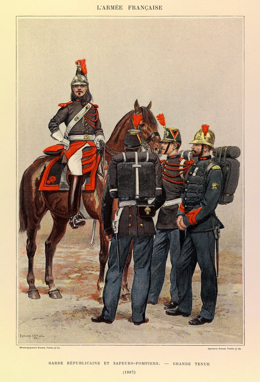 Typy a uniformy francouzské armády kapitána Julese Richarda, ilustrované Edouardem Detaillem (1848-1912): Republikánští gardisté a hasiči ve skvělém oblečení v roce 1887, soukromá sbírka od Jean Baptiste Edouard Detaille