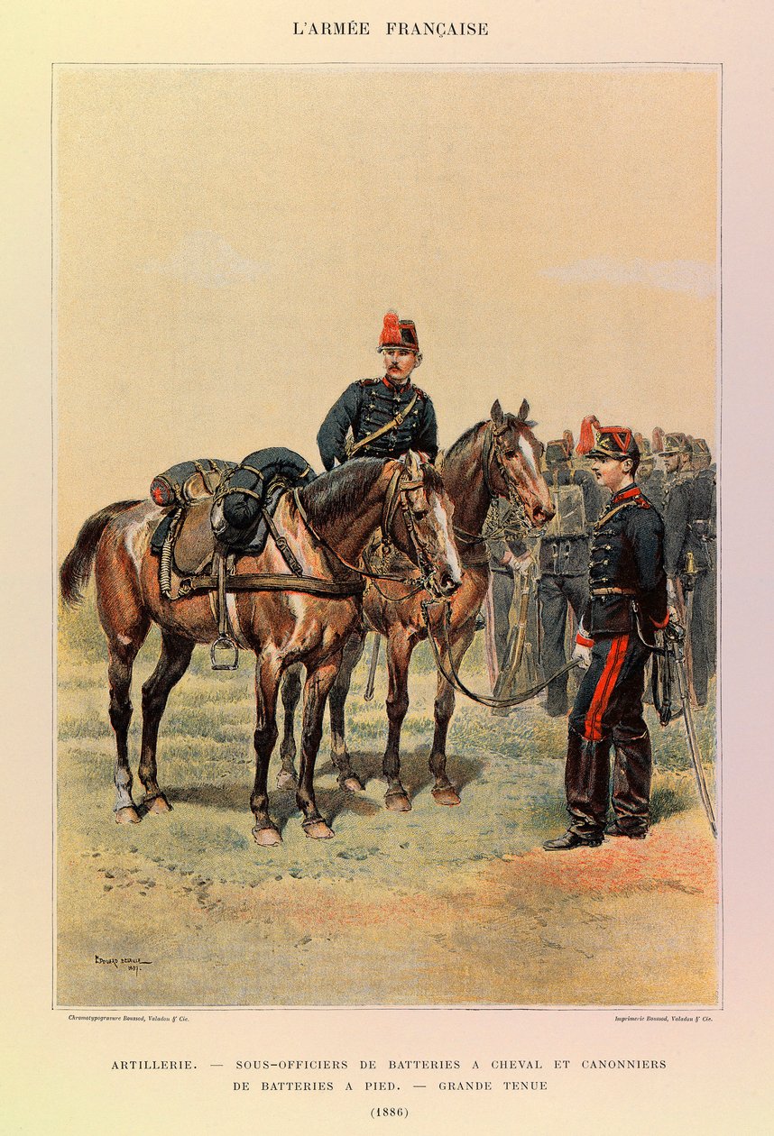 Typy a uniformy francouzské armády kapitána Julese Richarda, ilustroval Edouard Detaille (1848-1912): Dělostřelectvo: Poddůstojníci baterií na koních a dělostřelci baterií pěšky ve velkém oděvu v roce 1886, soukromá sbírka od Jean Baptiste Edouard Detaille
