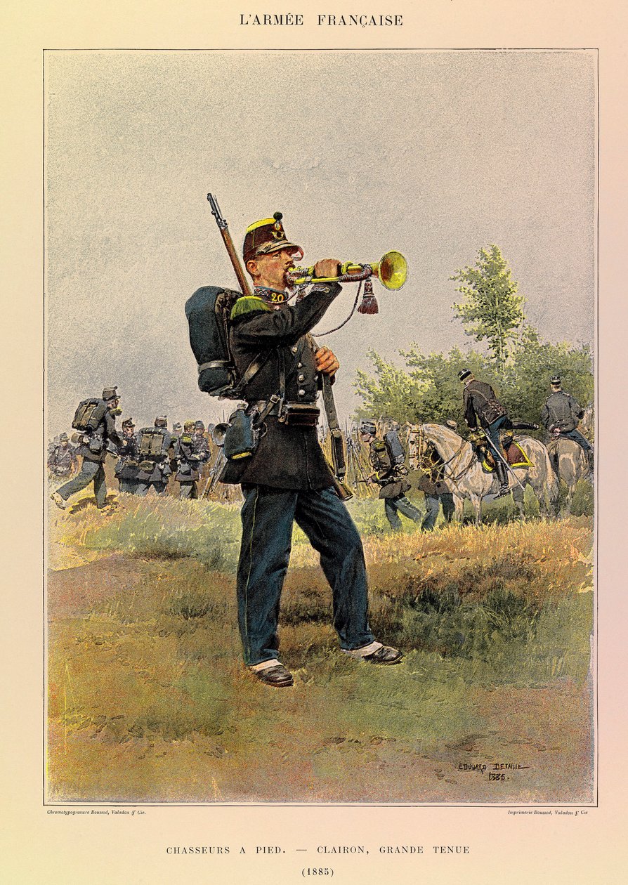 Typy a uniformy francouzské armády kapitána Julese Richarda, ilustrované Edouardem Detaillem (1848-1912): Pěší lovci: Polnice ve skvělém oblečení v roce 1885, soukromá sbírka od Jean Baptiste Edouard Detaille