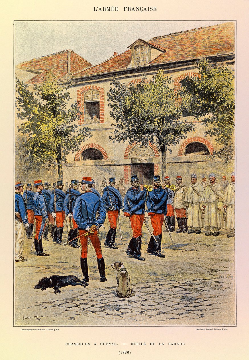 Typy a uniformy francouzské armády kapitána Julese Richarda, ilustrované Edouardem Detaillem (1848-1912): Lovci na koni; Defile de la parade en 1886, Collection Partiale od Jean Baptiste Edouard Detaille