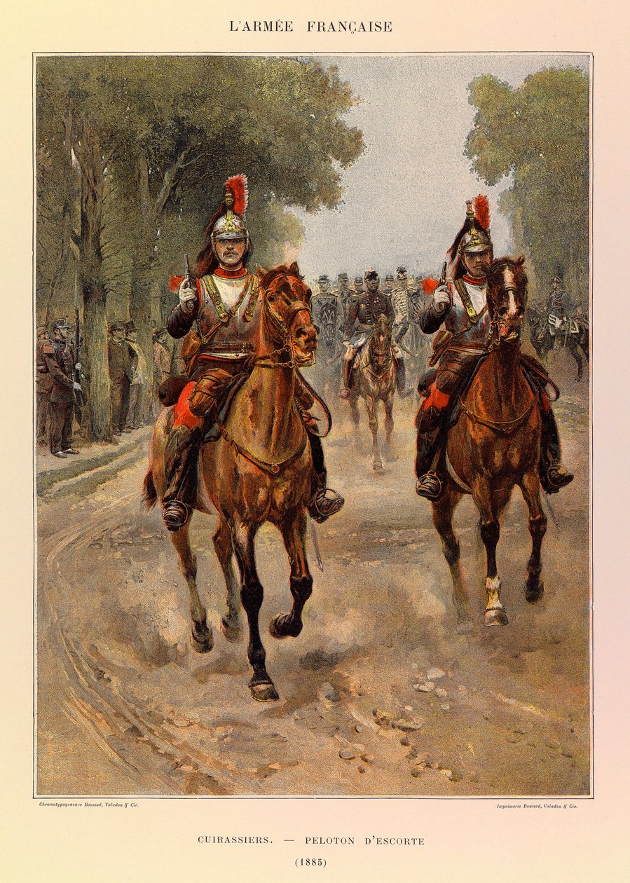 Typy a uniformy francouzské armády kapitána Julese Richarda, ilustrované Edouardem Detaillem (1848-1912): Kyrysníci: Eskortní četa v roce 1885, soukromá sbírka od Jean Baptiste Edouard Detaille