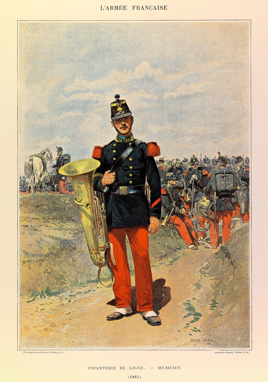 Typy a uniformy francouzské armády kapitána Julese Richarda, ilustrované Edouardem Detaillem (1848-1912): Řádová pěchota: Hudebník v roce 1885, soukromá sbírka od Jean Baptiste Edouard Detaille