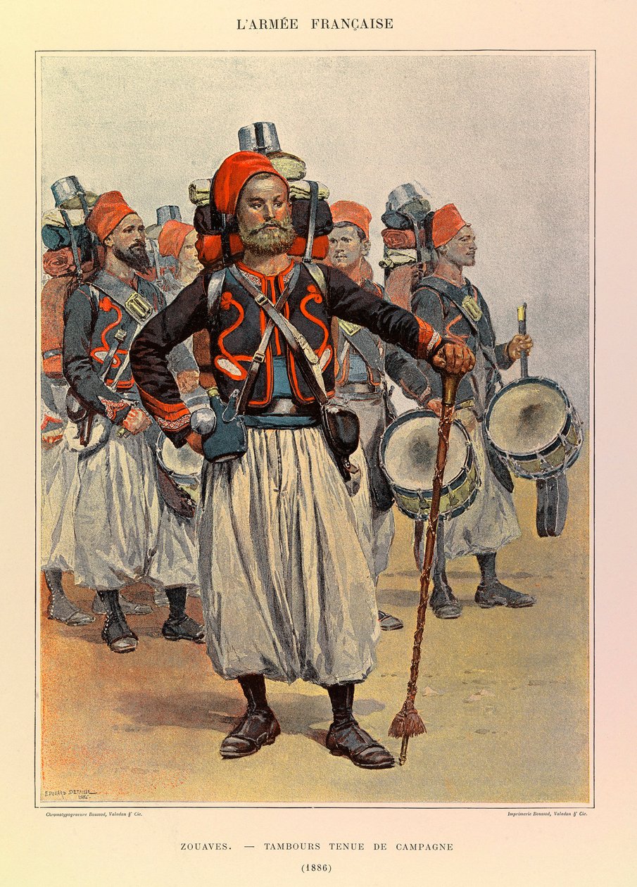 Typy a uniformy francouzské armády kapitána Julese Richarda, ilustrované Edouardem Detaillem (1848-1912): Zouaves: Drum in Country Dress in 1886, Private Collection od Jean Baptiste Edouard Detaille