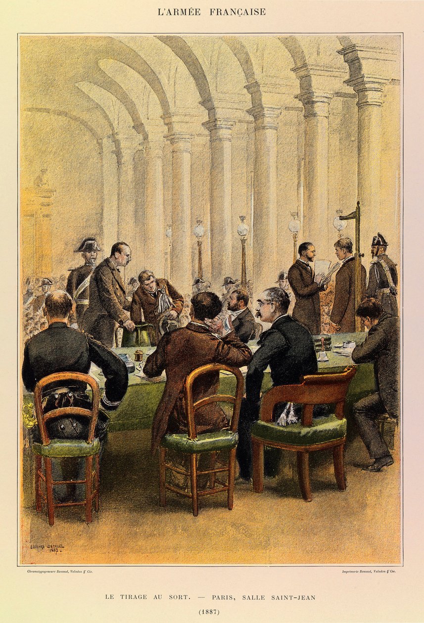 Typy a uniformy francouzské armády kapitána Julese Richarda, ilustrované Edouardem Detaillem (1848-1912): Losování v Paříži, Salle Saint Jean v roce 1887, Soukromá sbírka od Jean Baptiste Edouard Detaille