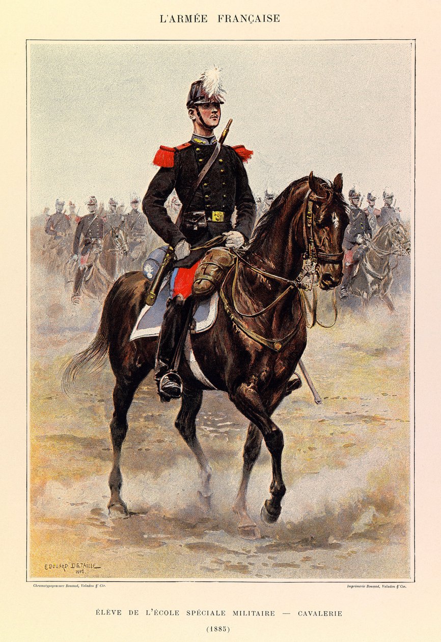Typy a uniformy francouzské armády kapitána Julese Richarda, ilustrované Edouardem Detaillem (1848-1912): Žák zvláštní vojenské školy: Kavalérie v roce 1885, Soukromá sbírka od Jean Baptiste Edouard Detaille