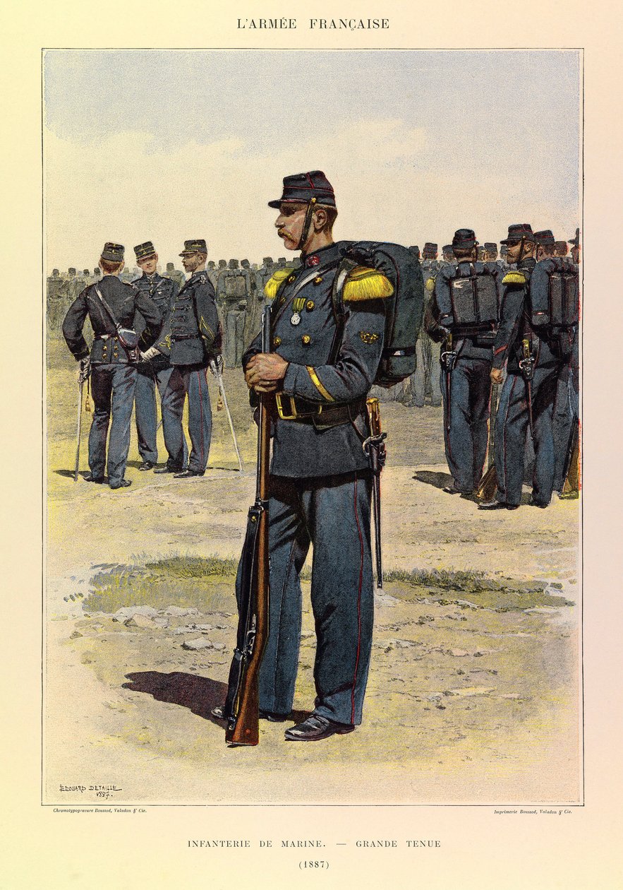 Typy a uniformy francouzské armády kapitána Julese Richarda, ilustrované Edouardem Detaillem (1848-1912): Infantry of Marine in Great Dress in 1887, Private Collection od Jean Baptiste Edouard Detaille