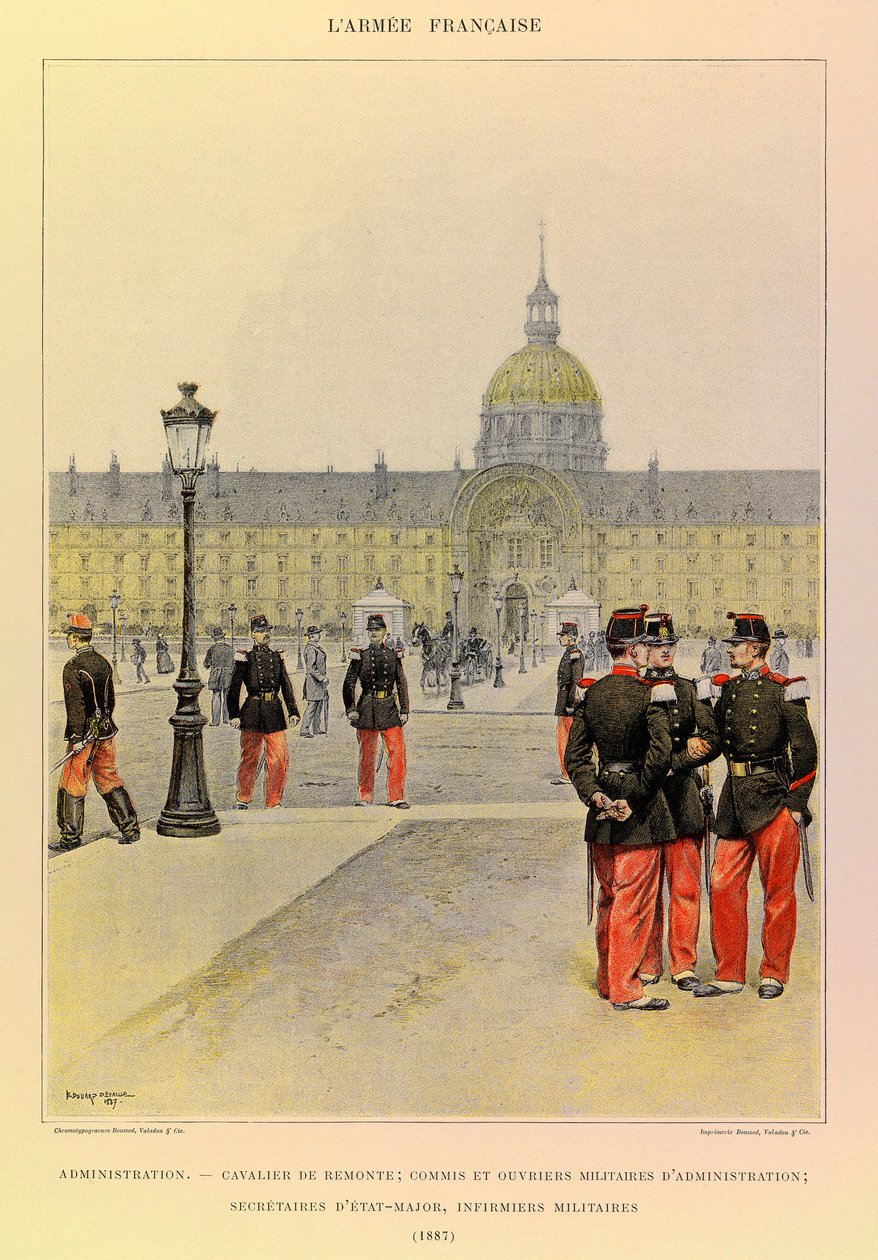 Typy a uniformy francouzské armády kapitána Julese Richarda, ilustrované Edouardem Detaillem (1848-1912): Administrativa: Jezdec, vojenský úředník a administrativní pracovníci, štábní sekretářky, vojenské ošetřovatelky v roce 1887, Soukromá sbírka od Jean Baptiste Edouard Detaille