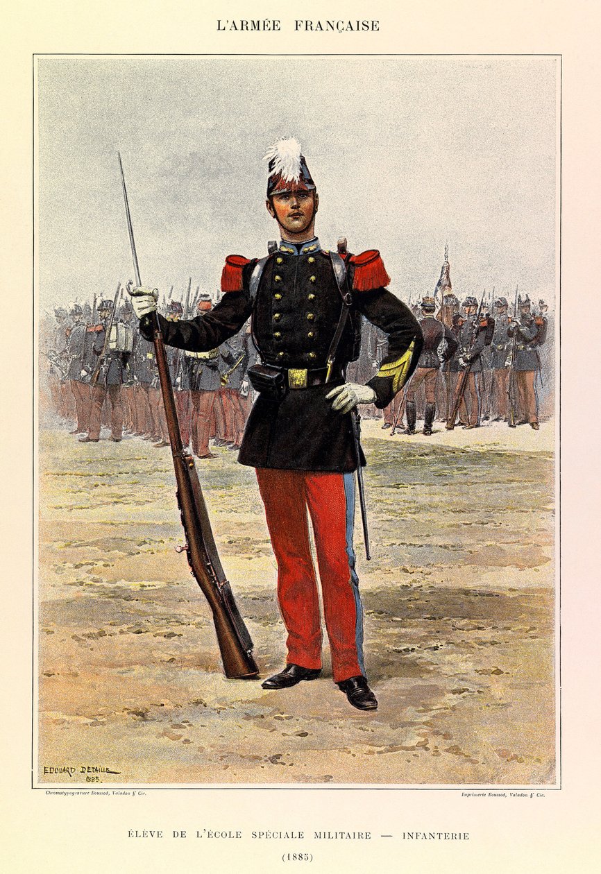 Typy a uniformy francouzské armády kapitána Julese Richarda, ilustroval Edouard Detaille (1848-1912): Žák zvláštní vojenské školy: pěchota v roce 1885, Soukromá sbírka od Jean Baptiste Edouard Detaille
