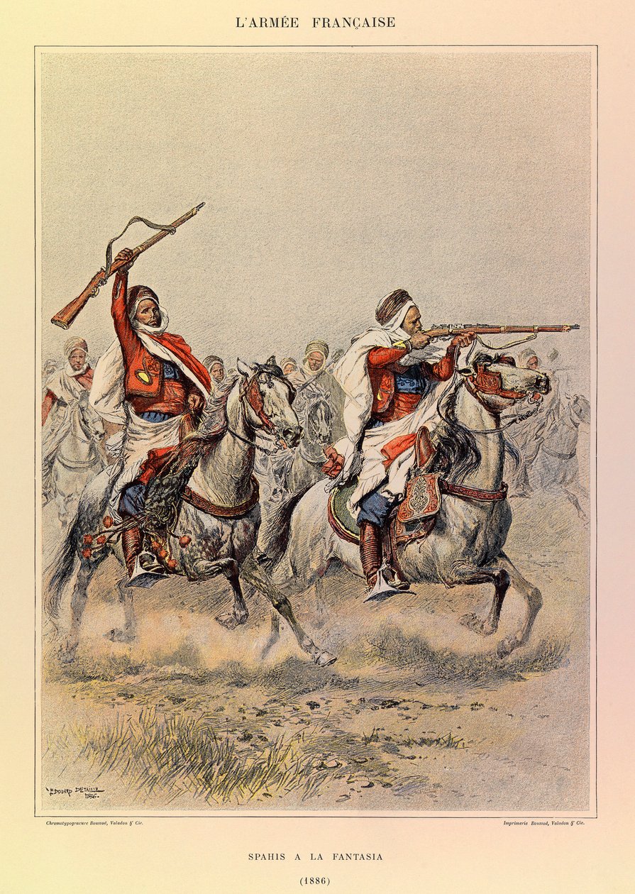 Typy a uniformy francouzské armády kapitána Julese Richarda, ilustrované Edouardem Detaillem (1848-1912): Spahis a la Fantasia v roce 1886, soukromá sbírka od Jean Baptiste Edouard Detaille