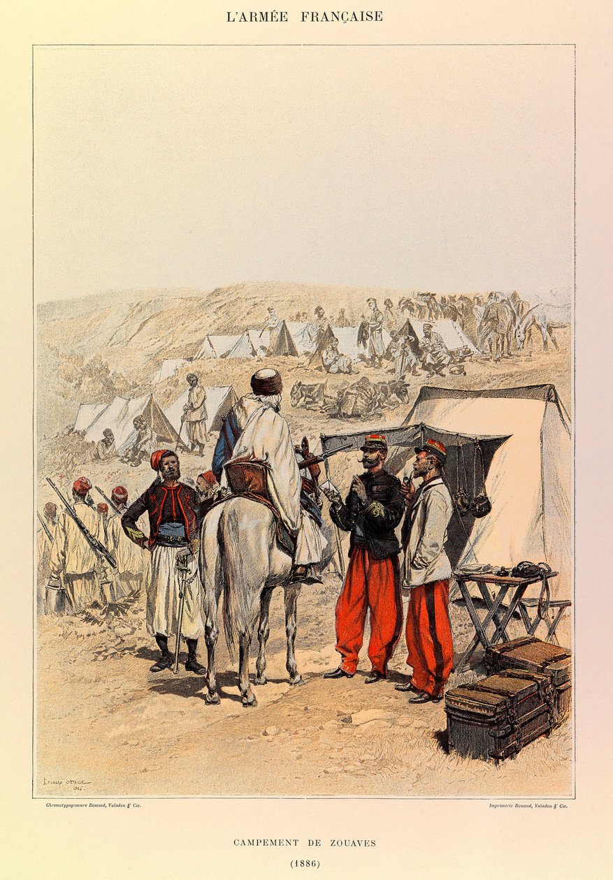 Typy a uniformy francouzské armády kapitána Julese Richarda, ilustrované Edouardem Detaillem (1848-1912): Camp of Zouaves v roce 1886, soukromá sbírka od Jean Baptiste Edouard Detaille