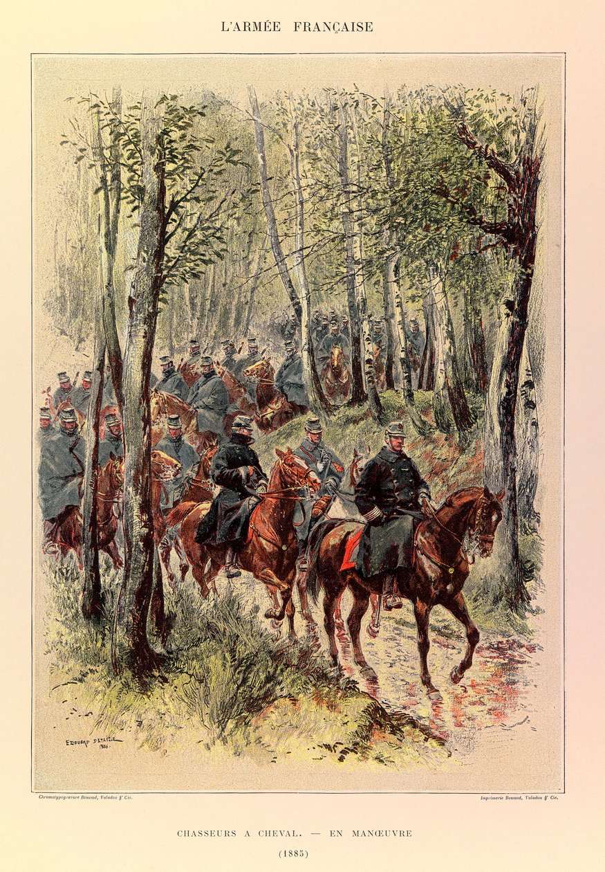 Typy a uniformy francouzské armády kapitána Julese Richarda, ilustrované Edouardem Detaillem (1848-1912): Lovci koně v manévru v roce 1885, soukromá sbírka od Jean Baptiste Edouard Detaille
