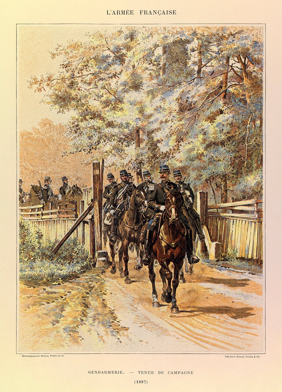 Typy a uniformy francouzské armády kapitána Julese Richarda, ilustrované Edouardem Detaillem (1848-1912): Četnictvo v polních šatech v roce 1887, soukromá sbírka od Jean Baptiste Edouard Detaille