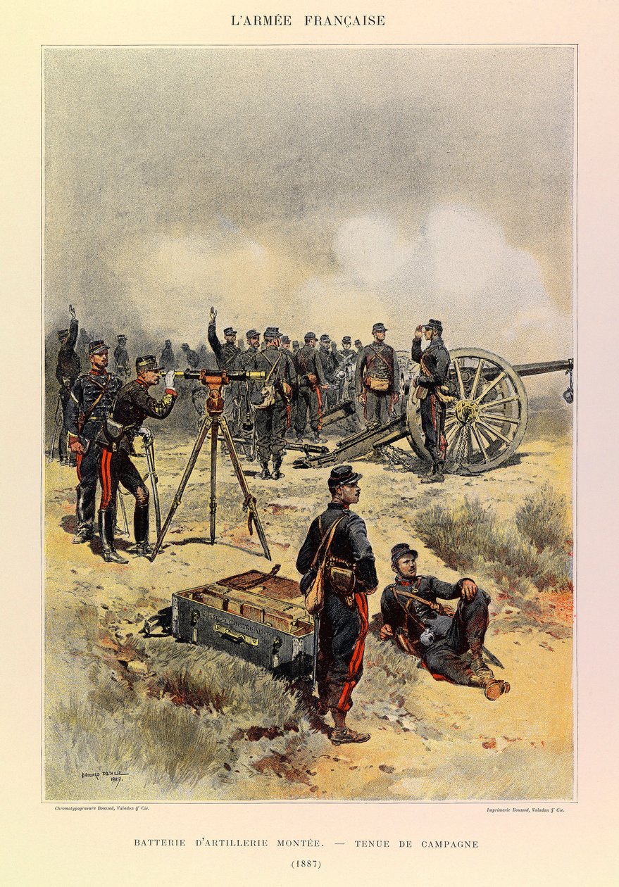 Typy a uniformy francouzské armády kapitána Julese Richarda, ilustrované Edouardem Detaillem (1848-1912): Baterie dělostřelectva namontovaná v polní uniformě v roce 1887, soukromá sbírka od Jean Baptiste Edouard Detaille
