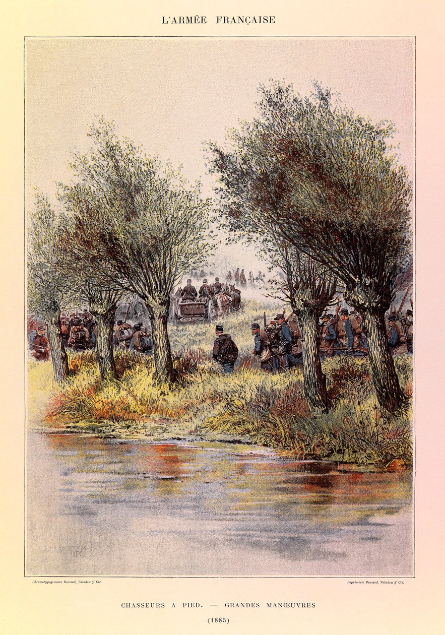 Typy a uniformy francouzské armády kapitána Julese Richarda, ilustrované Edouardem Detaillem (1848-1912): Lovci pěšky; velké manévry v roce 1885, Soukromá sbírka od Jean Baptiste Edouard Detaille
