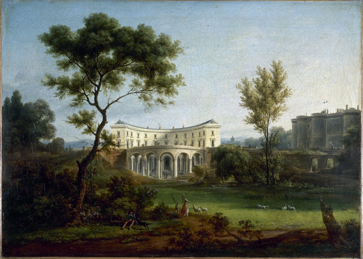 Beaumarchaisův dům a Bastila, asi 1788 (olej na plátně) od Jean Baptiste Genillion