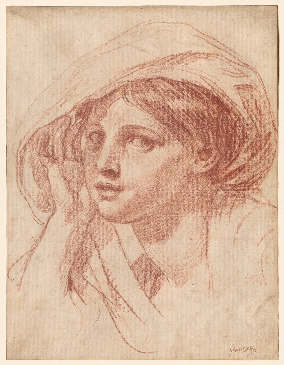 Hlava mladé ženy, asi 1785 (červená křída na bílém papíře) od Jean Baptiste Greuze
