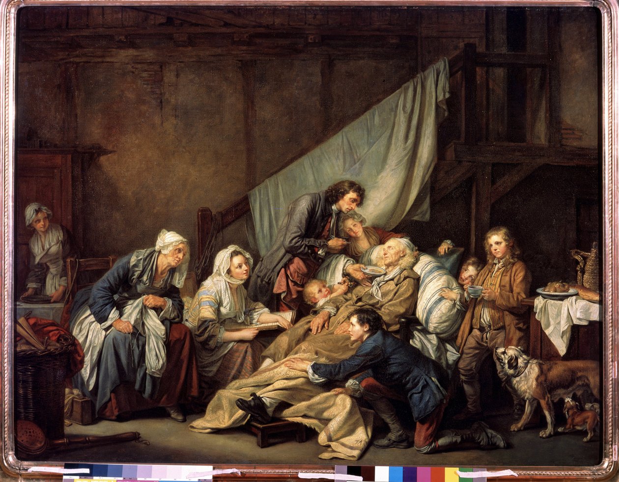 ""Rodinská zbožnost aneb ochrnutý zachráněný svými dětmi"" (Filiální zbožnost (Ochromený)) Obraz Jean Baptiste Greuze (1725-1805) 1763 Rozměr 115x146 cm Muzeum Ermitáže, Petrohrad od Jean Baptiste Greuze