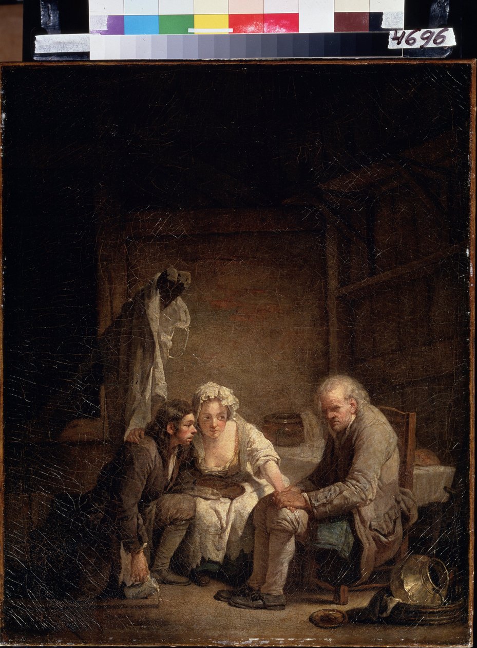 ""Slepý muž klame"" (Slepý muž podveden). Čestný muž, oběť lsti, podvodu a nedostatku poctivosti. Obraz Jean Baptiste Greuze (1725-1805) kolem roku 1755. Olej na plátně. Rokoko. Puškinovo muzeum, Moskva od Jean Baptiste Greuze
