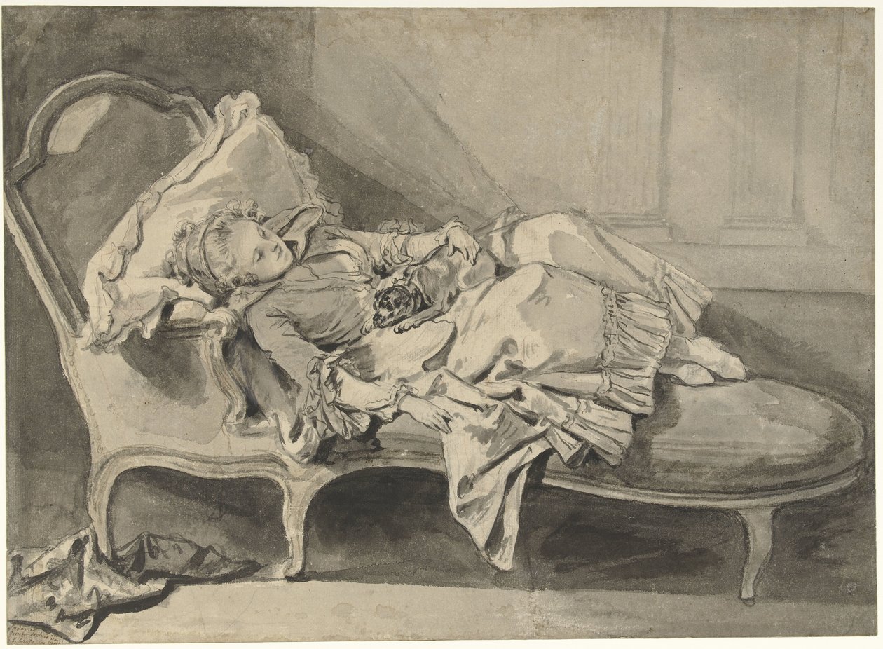 Madame Greuze na lehátku se svým psem od Jean Baptiste Greuze