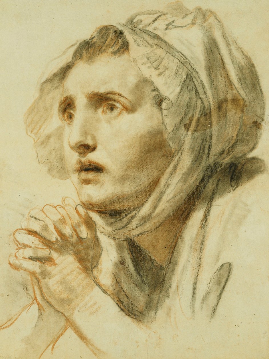 Portrét ženy, délka poprsí, v čepici, se sepjatýma rukama, od Jean Baptiste Greuze