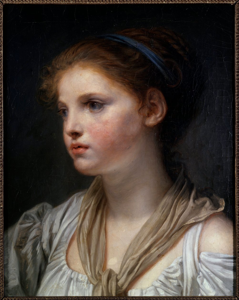 Portrét dívky s modrou stuhou Obraz Jean Baptiste Greuze (1725-1805) 18. století Sun. 0,45x0,39 m Rennes, Musee des Beaux Arts od Jean Baptiste Greuze