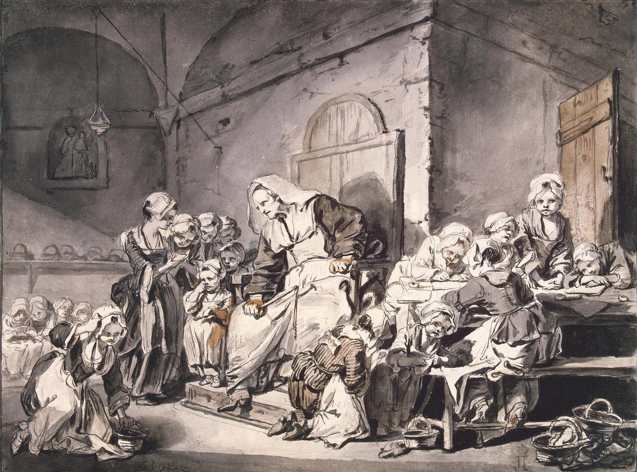Školní učitel par Greuze, Jean-Baptiste (1725-1805). Pero, štětec, barva šedá a hnědá, akvarel na papíře, rozměr : 27,8x33,8, cca 1764-1765, State Hermitage, St. Petersburg od Jean-Baptiste Greuze
