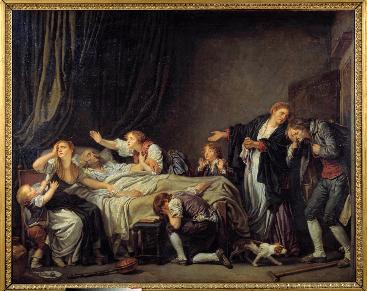 Syn potrestán Syn se vrací domů a najde svou rodinu plakat u postele mrtvého otce. Obraz Jean Baptiste Greuze (1725-1805) 1778 Ne. 1,3x1,63m od Jean Baptiste Greuze