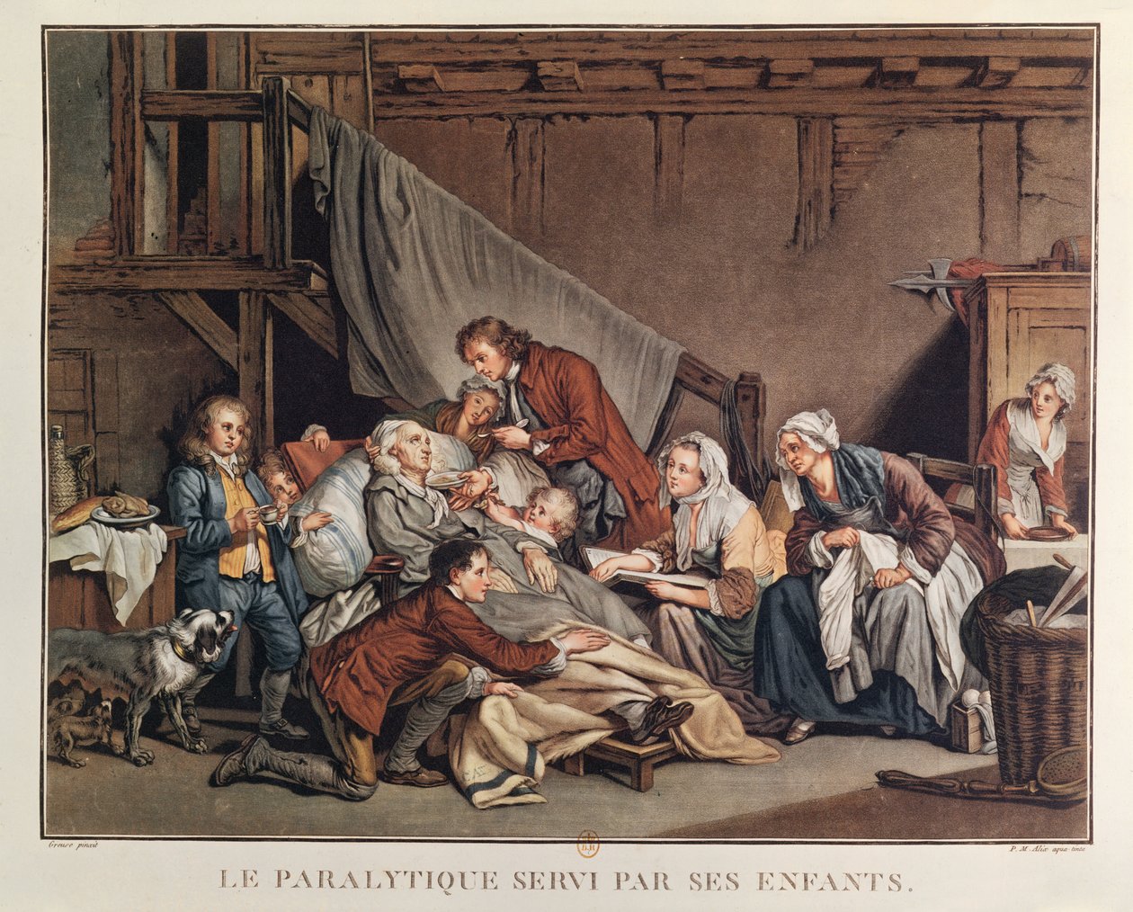Paralytický muž pomáhal svými dětmi, vyrytý Alix, kolem roku 1800 od Jean Baptiste Greuze