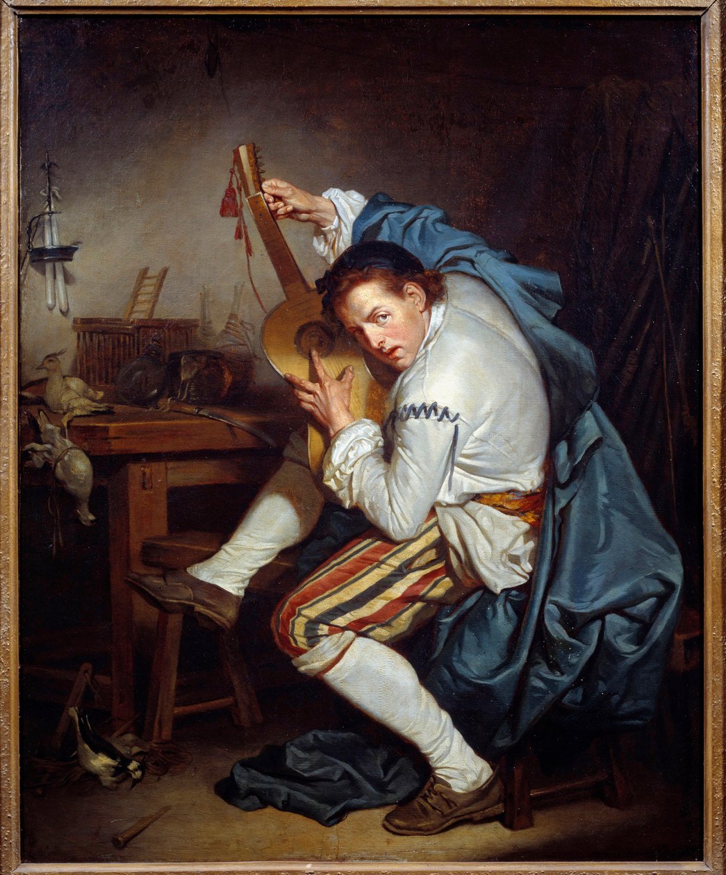 Kytarista nebo pták, který po návratu z lovu uděluje kytaru Obraz Jean Baptiste Greuze (1725-1805) Slunce 18. století. 0,71x0,57 m Nantes, Musee des Beaux Arts od Jean Baptiste Greuze