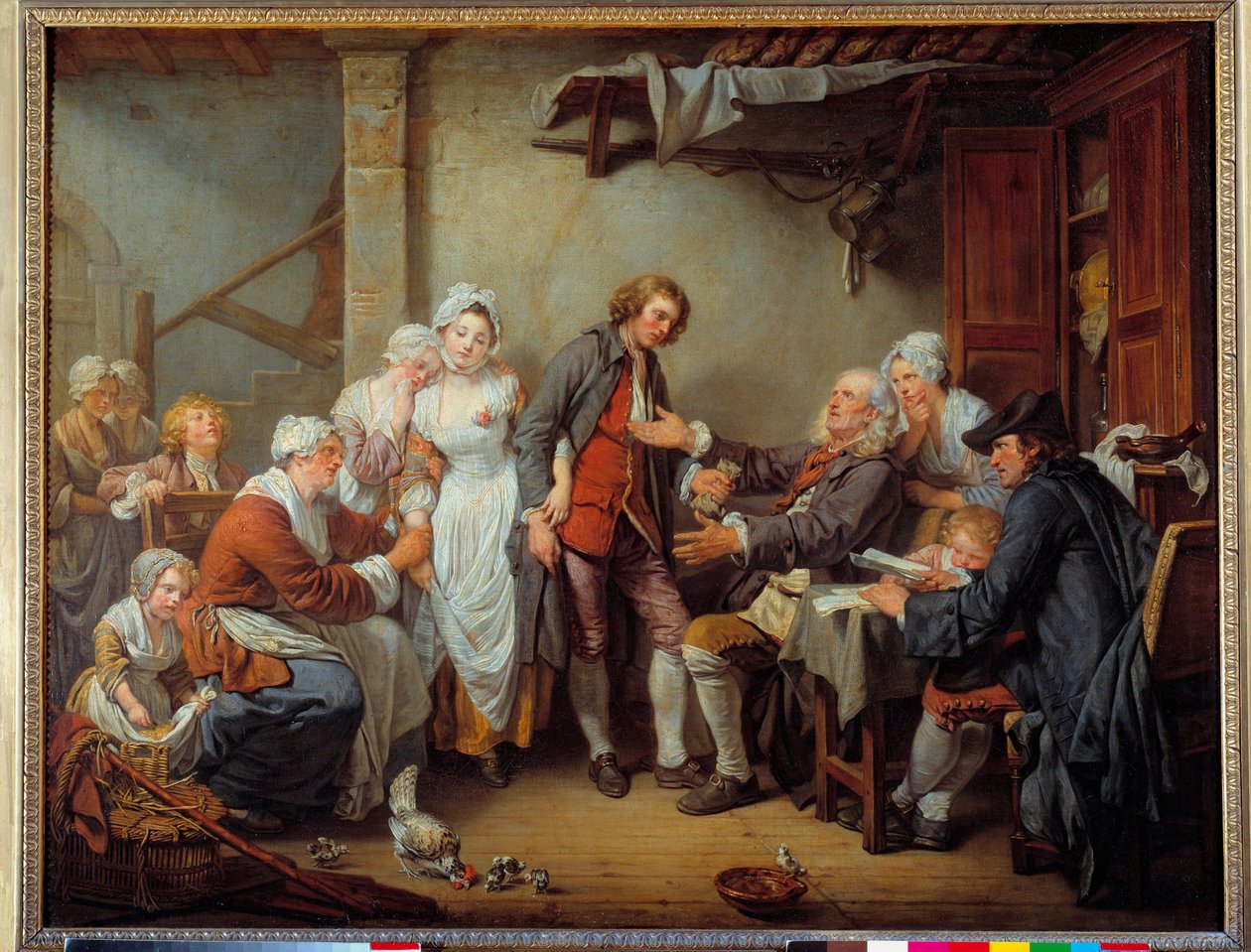 Obecní souhlas Otec nevěsty dává dote svému zetě. Obraz Jean Baptiste Greuze (1725-1805). 1761 ne. 0,92 x 1,17 m. od Jean Baptiste Greuze