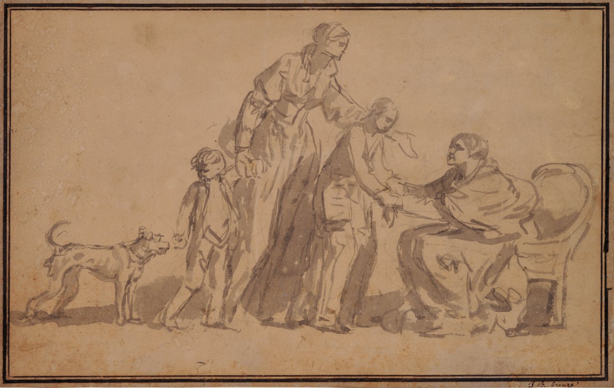 Dvě děti a matku přivítala stará sestra od Jean Baptiste Greuze