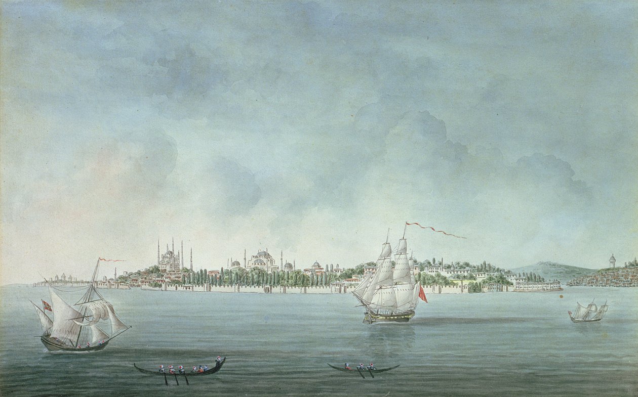 Pohled na sultána Ahmeta a Santa Sophii z Uskudaru v Konstantinopoli od Jean Baptiste Hilair