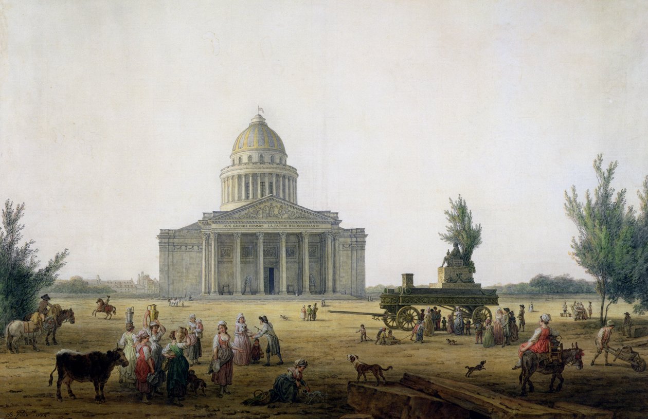 Pohled na Pantheon v Paříži s kočárem se sochou Jean-Jacques Rousseau (1712-78), kolem 1792 od Jean Baptiste Hilair