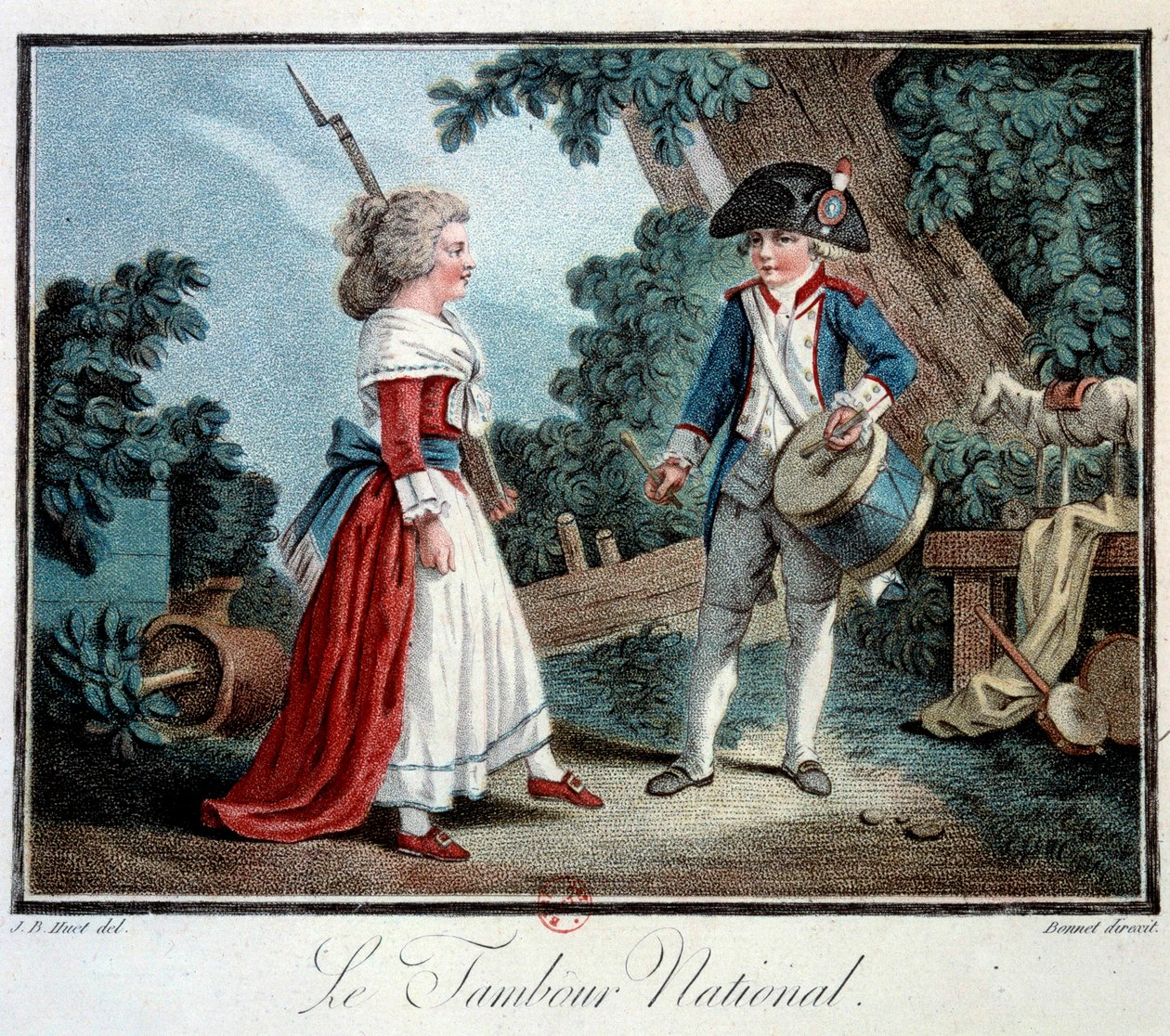 Francouzská revoluce: „Le tambour national““ Dvě malé děti se převlékají za revolucionáře. Litografie Jean Baptiste Huet (1745-1811) Paříž 18. století, dekorativní umění od Jean Baptiste Huet