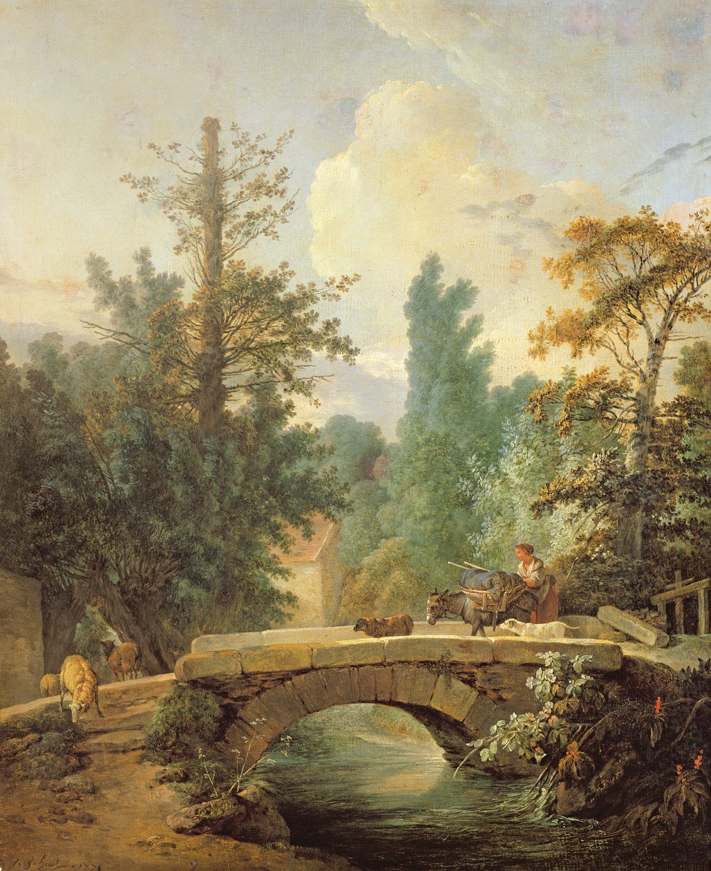Rolnice a její osel přes most, 1775 od Jean Baptiste Huet