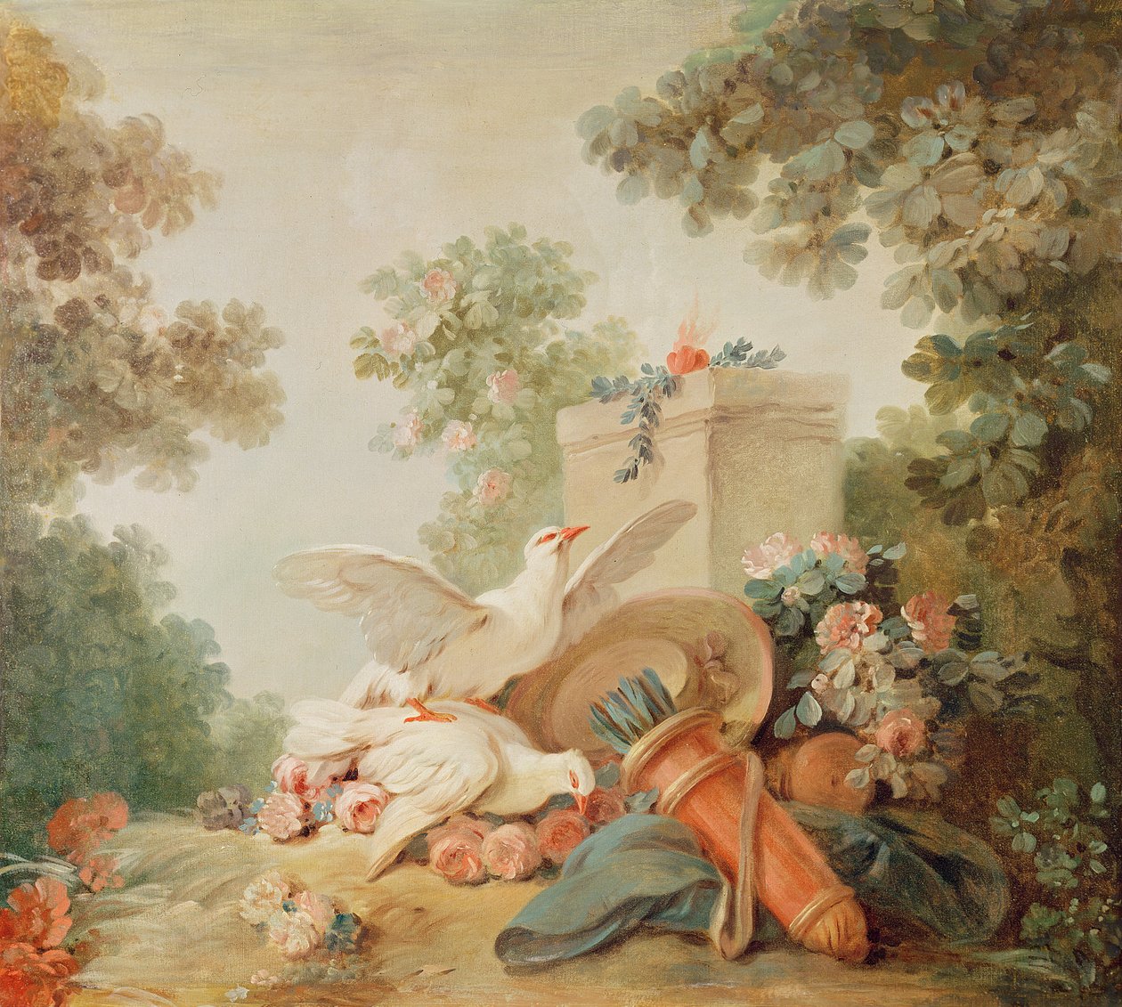 Salon tiskaře Gillese Demarteau, nade dveřmi: holubice, toulec a slaměný klobouk, kolem 1750-65 od Jean Baptiste Huet