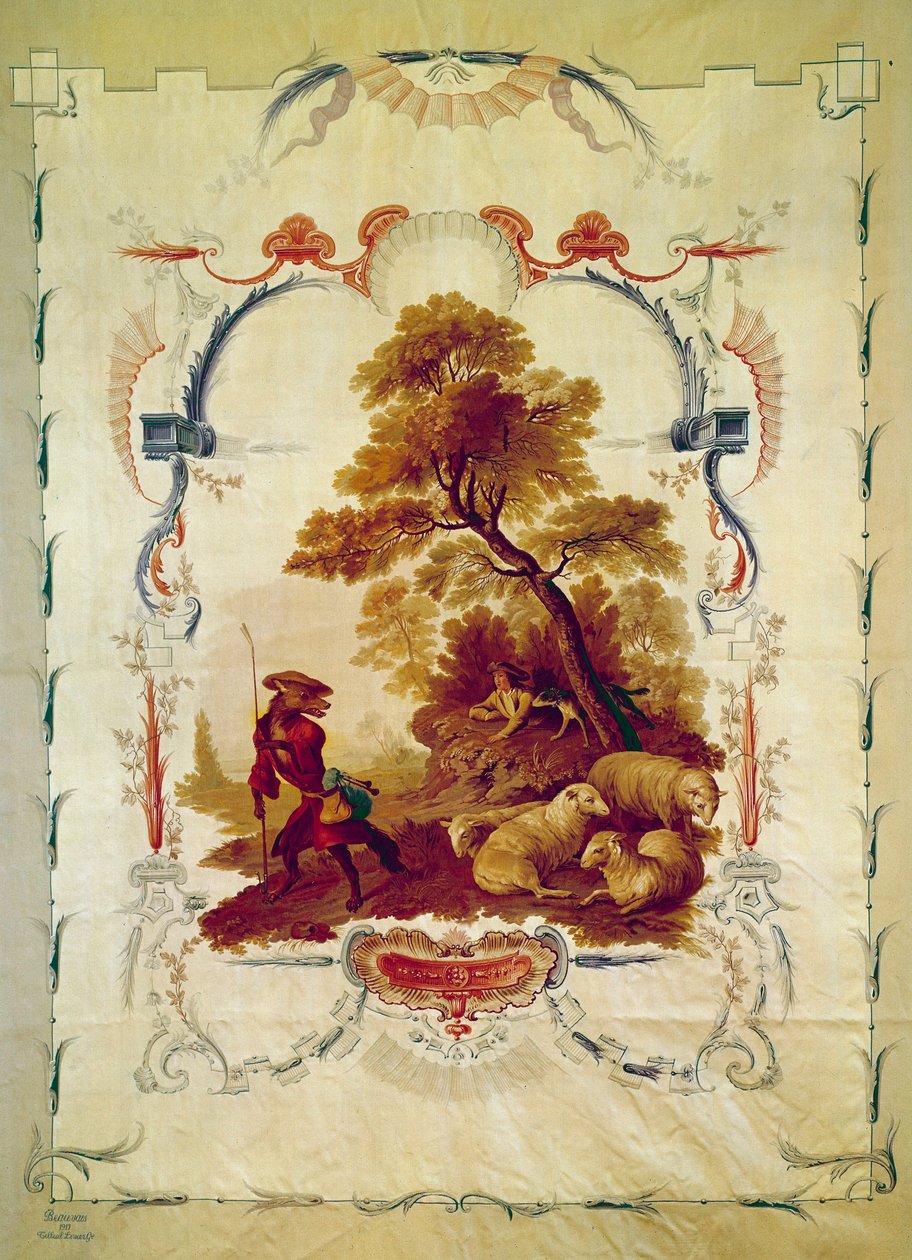 Z vlka se stal pastýř Ilustrace k bajce od Jean de La Fontaine. Gobelín Jeana Baptista Hueta (1745-1811) vyrobený v továrnách v Beauvais. Paříž 18. století, národní nábytek. od Jean Baptiste Huet