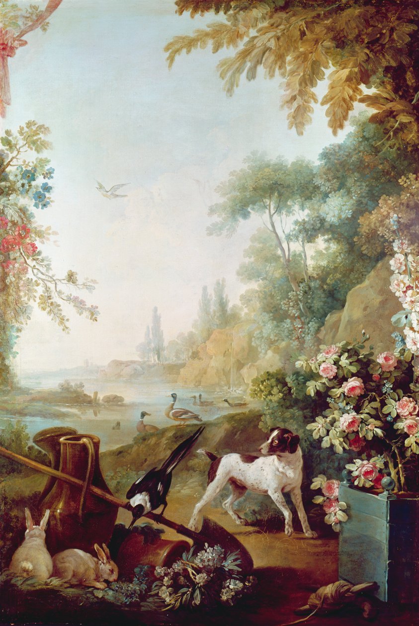 Dva králíci, straka a pes, ze salonu Gilles Demarteau (1722-76) od Jean Baptiste Huet