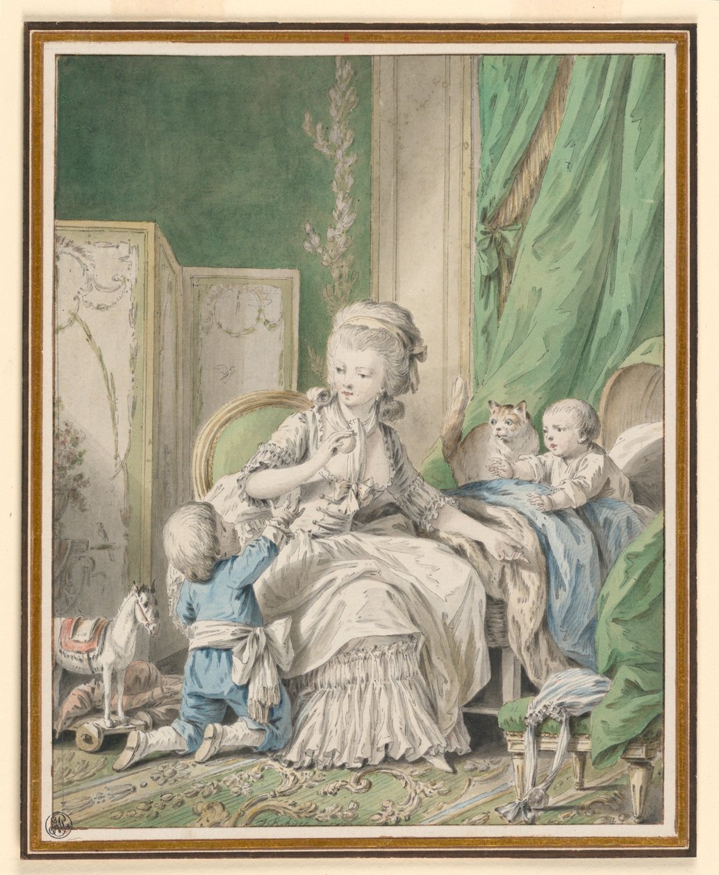 Kresba, Matka a dvě děti v budoáru, pravděpodobně 1782 od Jean Baptiste Huet